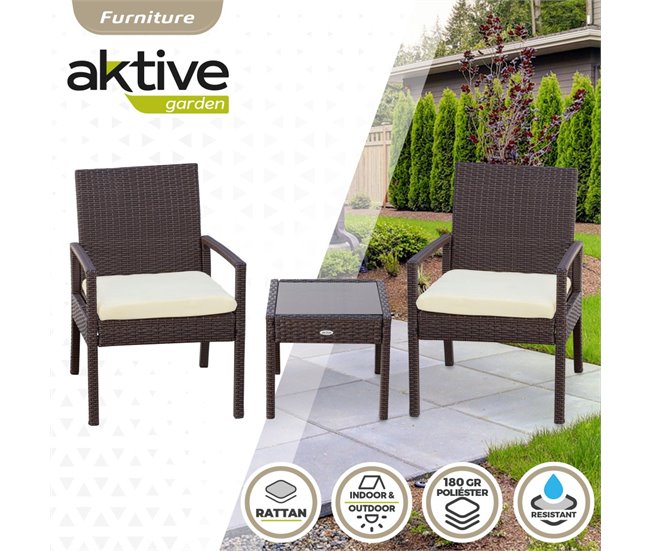 Conjunto muebles terraza con sillones y mesita ratán Aktive Negro