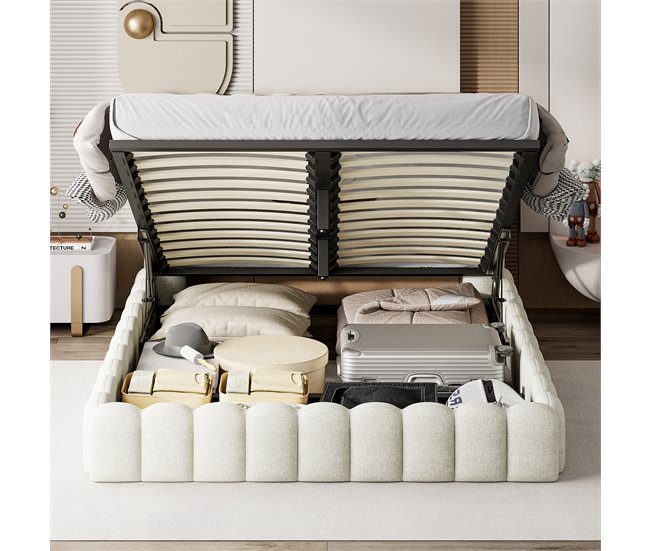 Cama con cabecero LED, cama acolchada con almacenaje 153x220 Beige