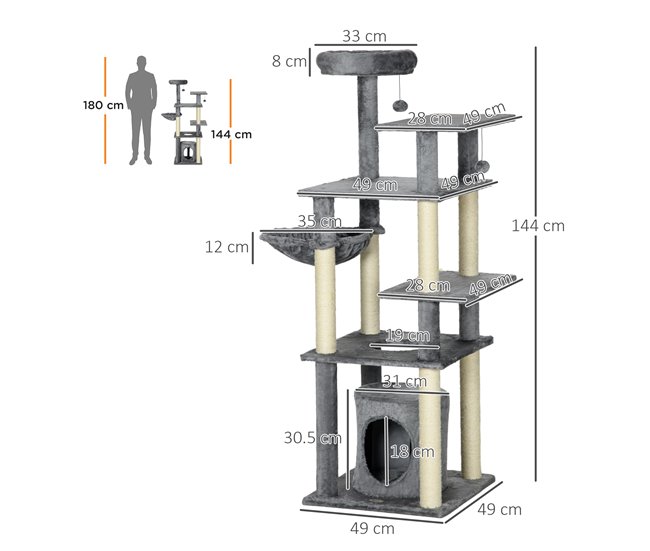 Árbol para Gatos Aglomerado de Madera, Poliéster, Sisal PawHut Gris