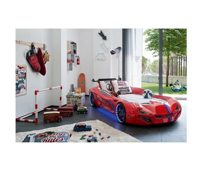 Cama coche LE MANS 90x190cm con luces led Rojo