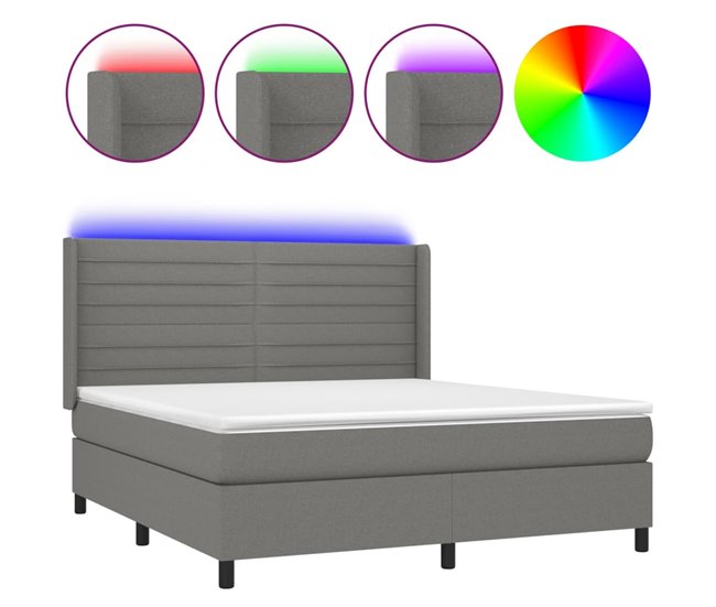 Conforama Cama box spring colchón y luces LED tela gris oscuro 160x200 cm Rayas horizontales