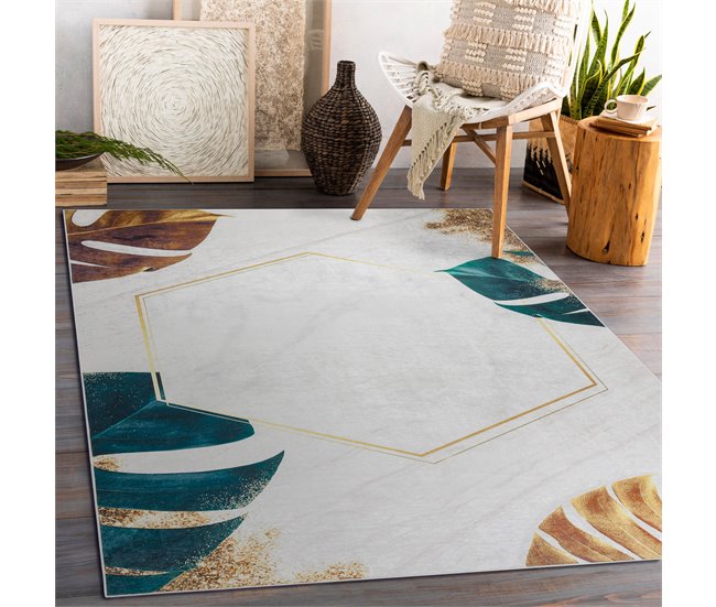 Alfombra lavable ANDRE 1150 Hojas monstera cubo 120x170 Blanco