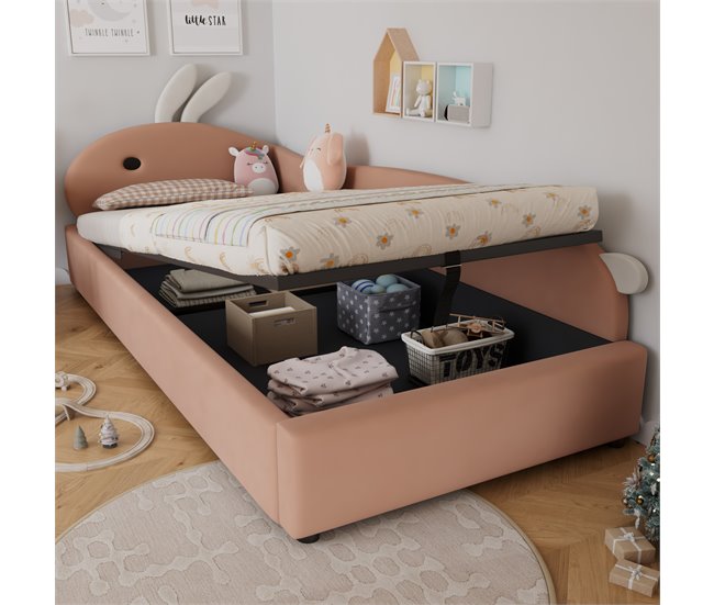 Cama con almacenaje de terciopelo Rosa
