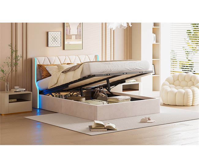 Cama estofada, LED, espaço de armazenamento Beige
