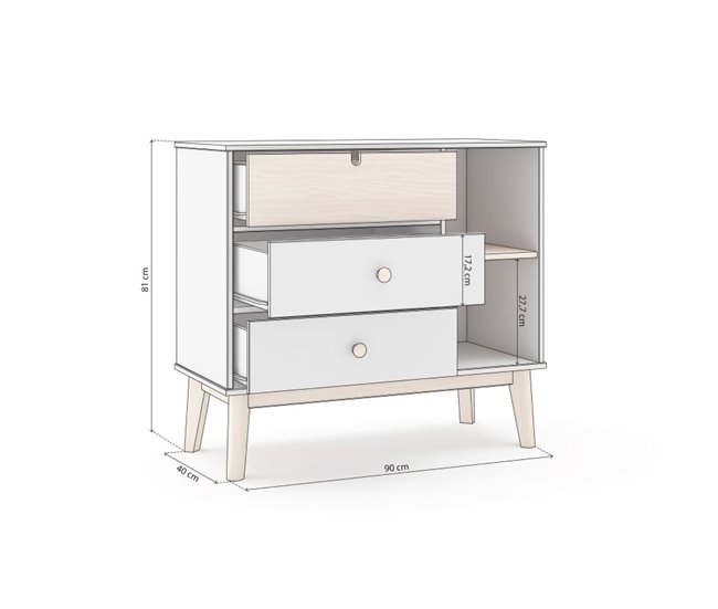 Cómoda Misty Cloud 3 cajones 90 Blanco/ Madera