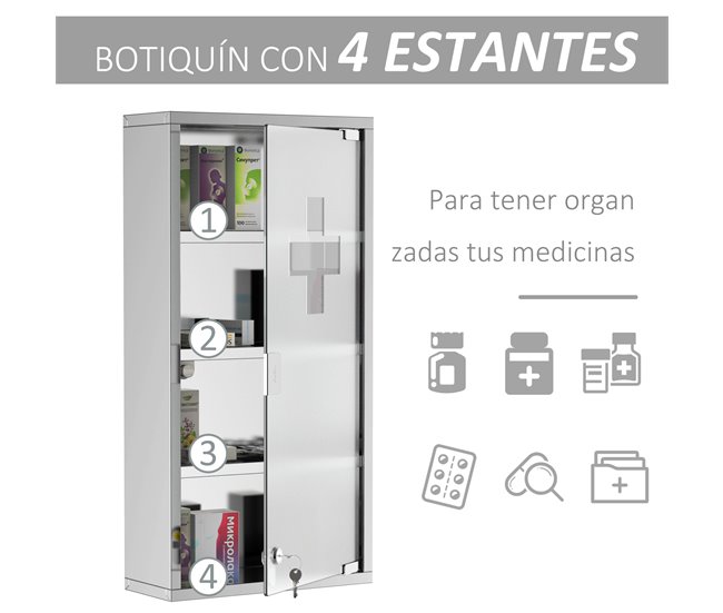 Armario de Botiquín Acero Inoxidable 430, Vidrio Templado HOMCOM Gris