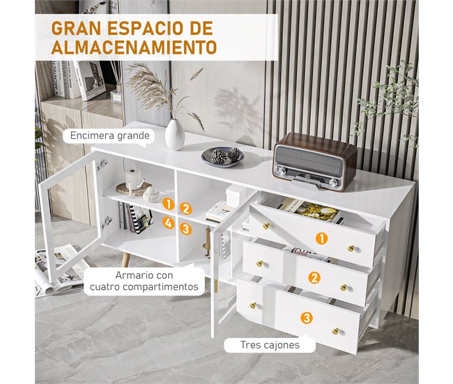 Aparador de Cocina MDF, Vidrio, Madera de Caucho HOMCOM 160 Blanco
