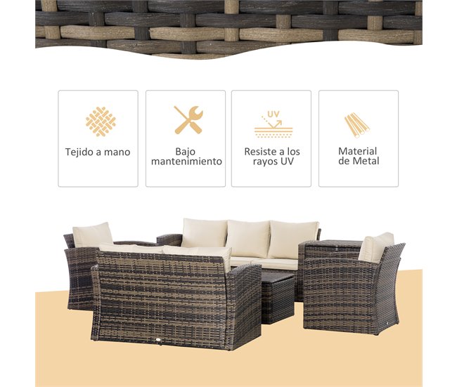 Conjunto de Muebles de Ratán Metal, Ratán PE, Poliéster Outsunny Crudo