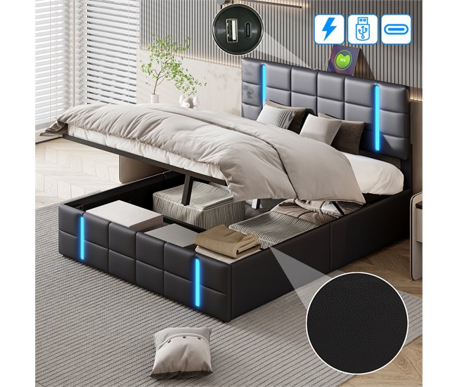 Cama, LED, USB, Tipo-c, Cama juvenil, Cama doble 167x205 Negro