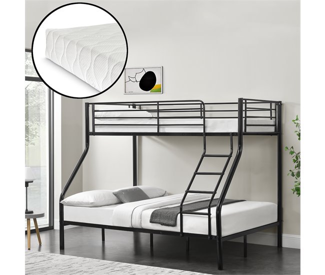 Litera de metal con escalera y colchones - para 3 personas 210x147 Negro