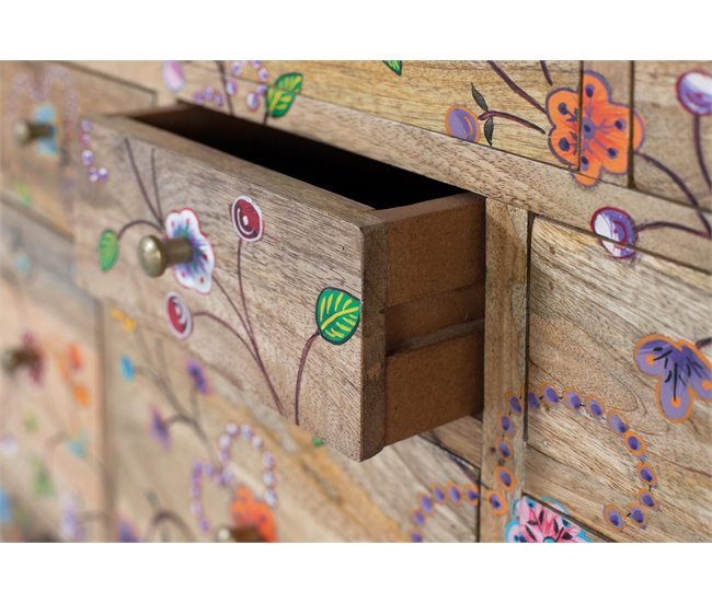 Cómoda con 10 cajones tallada a mano en madera de mango Marron