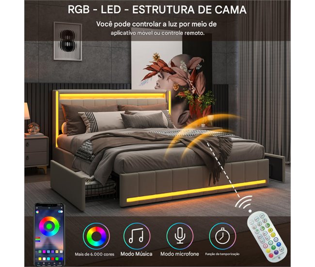 Cama, USB, Tipo C, Cama de Descanso, 4 Cajones, LED 148x213 Beige