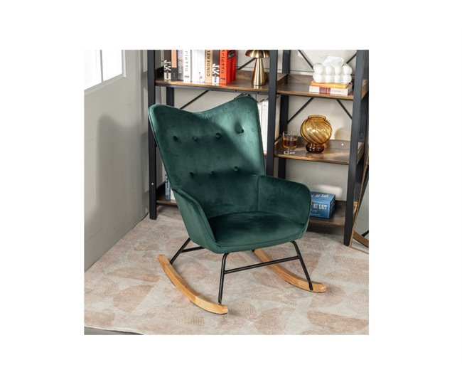 Mecedora escandinava de terciopelo con patas de madera clara Verde