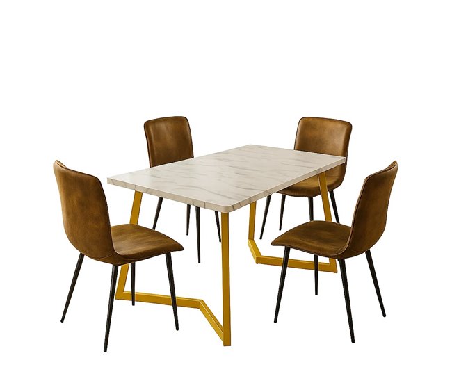Conjunto mesa rectangular efecto mármol con 4 sillas vintage Blanco