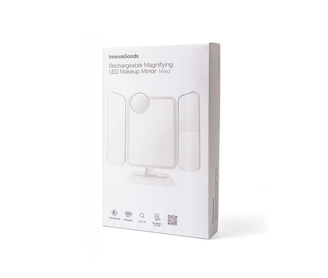 Espejo de Maquillaje Tríptico Recargable con Aumento y Luz LED Blanco