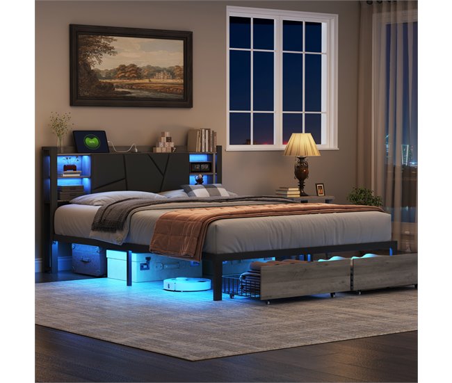 cama, led, usb, cama para adolescentes, cama doble, cajones 140x214 Negro
