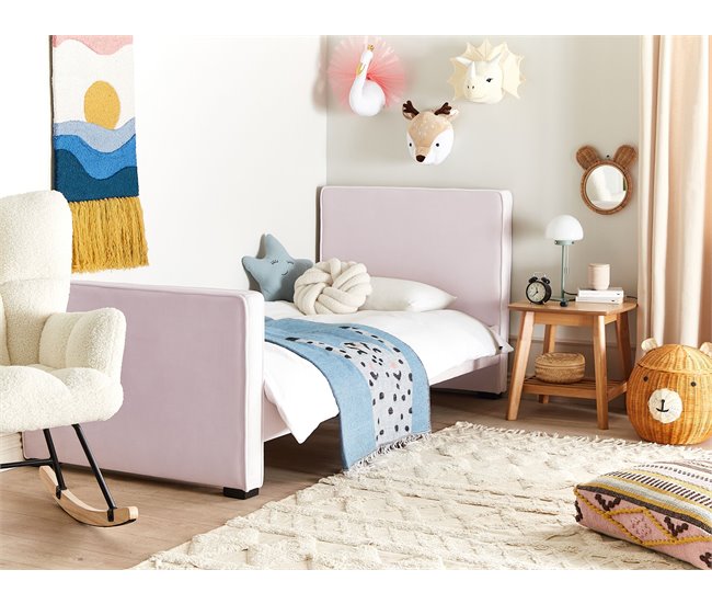 Beliani Cama con somier Terciopelo TEENIE Rosa Talco