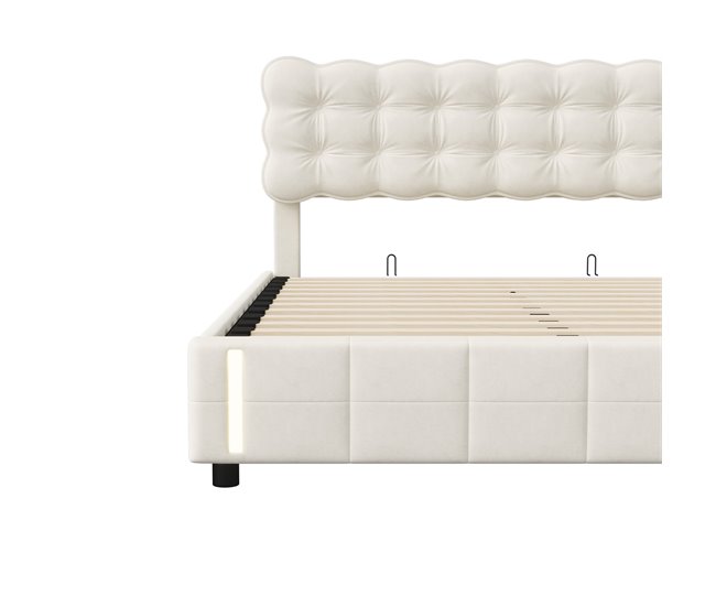Cama tapizada, luces LED, espacio de almacenamiento Beige