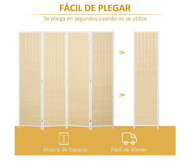 Biombo Separador Madera de Pino, Bambú HOMCOM, hogar - decoración Blanco