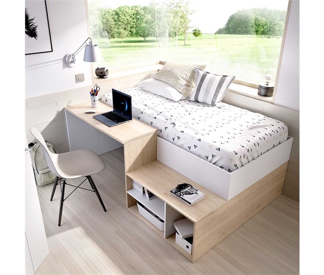 Cama Compacta Con Escritorio Kric Natural/ Blanco
