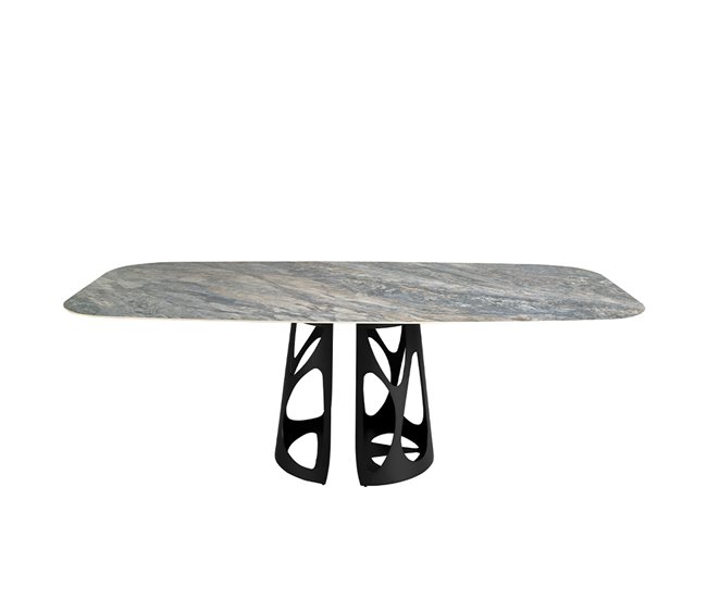 ANGEL CERDA Mesa comedor ovalada barril mármol porcelánico y acero negro 238x110 Azul/ Negro