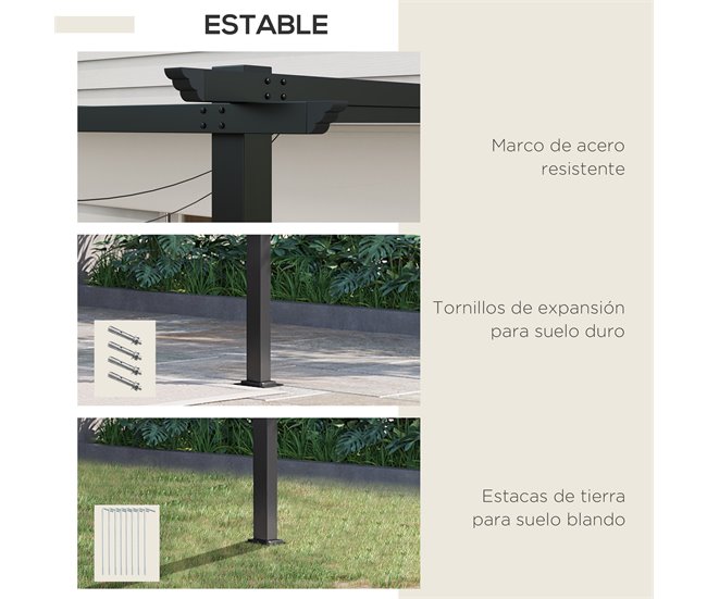 Pérgola de Pared Poliéster, Acero Outsunny Crudo