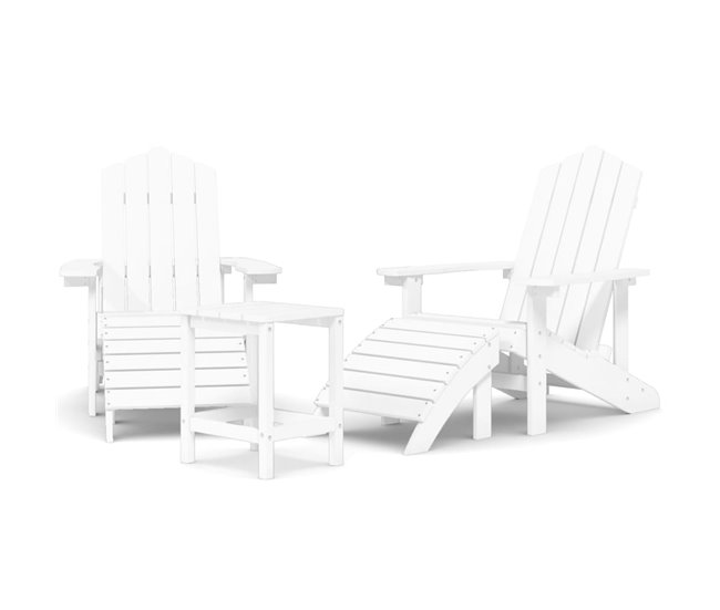 2 Sillas de jardín Adirondack con reposapiés y mesa Blanco