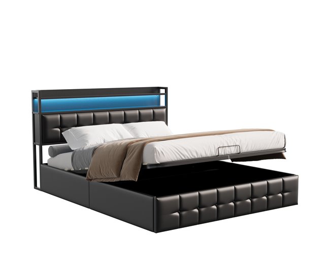 Cama doble con puerto USB, LED y almacenaje. Negro