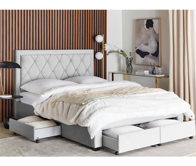 Beliani Cama con almacenaje Terciopelo LIEVIN 165x217 Azul Marino