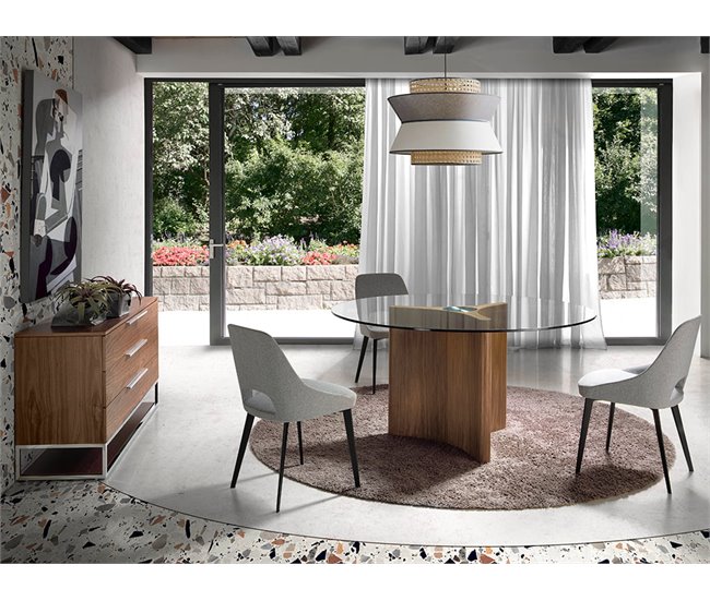 ANGEL CERDA Mesa comedor redonda cristal templado y nogal 150x150 Nogal