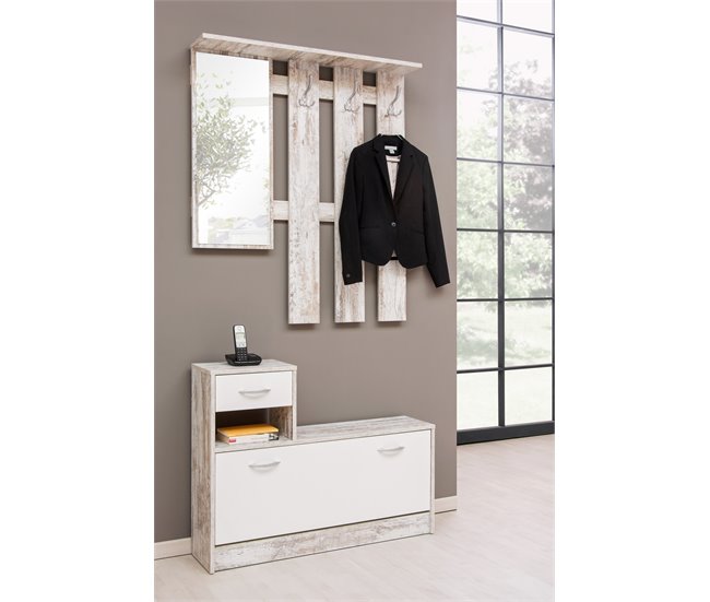Mueble recibidor con zapatero y espejo HELA Blanco/ Gris