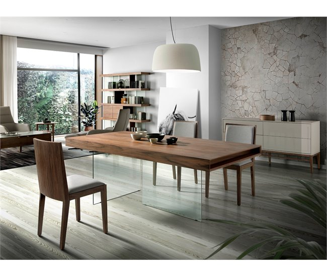 ANGEL CERDA Mesa comedor rectangular nogal y cristal templado 200x100 Nogal
