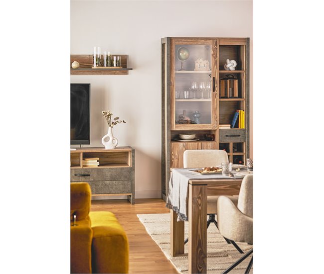 Vitrina doble 2 puertas y 1 cajón INDUSTRY Gris/ Madera