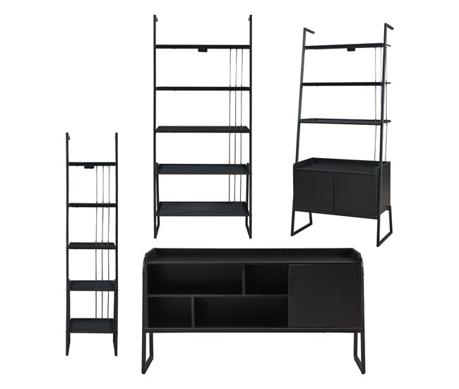Conforama Set de muebles 'Storfjord' 4 piezas: 3x estanterías escaleras 1x Mesa TV metal - Negro [en.casa]