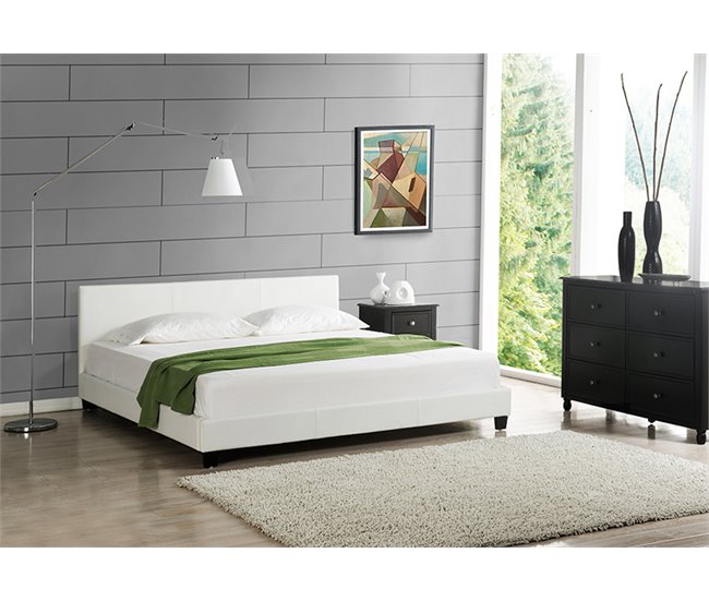 [Coruim] Cama de matrimonio Albacete de cuero sintético Blanco/ Beige