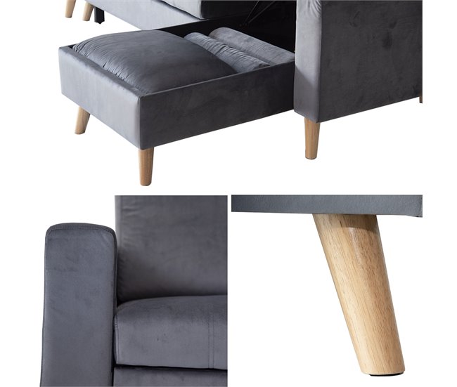 Sofá cama esquinero de terciopelo de 3 plazas JAMES Gris