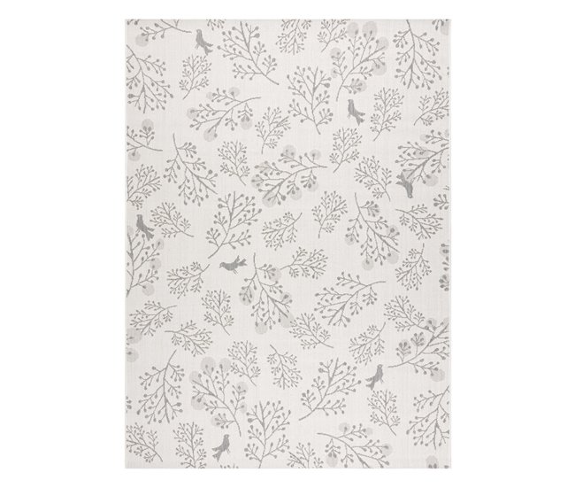 Alfombra de cuerda sisal FLAT Hojas Pájaros 140x200 Blanco/ Gris