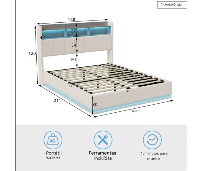 Cama, LED, USB, cama hidráulica, estructura de cama juvenil Beige