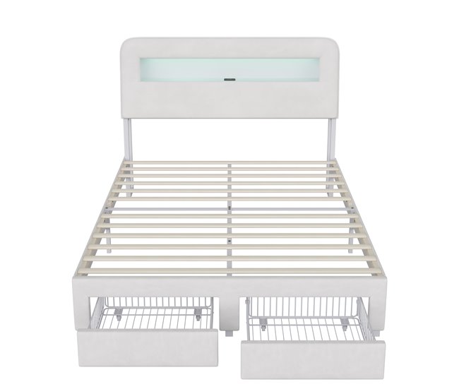 Cama con luces LED, puertos USB, puerto Tipo-C y cajones Beige