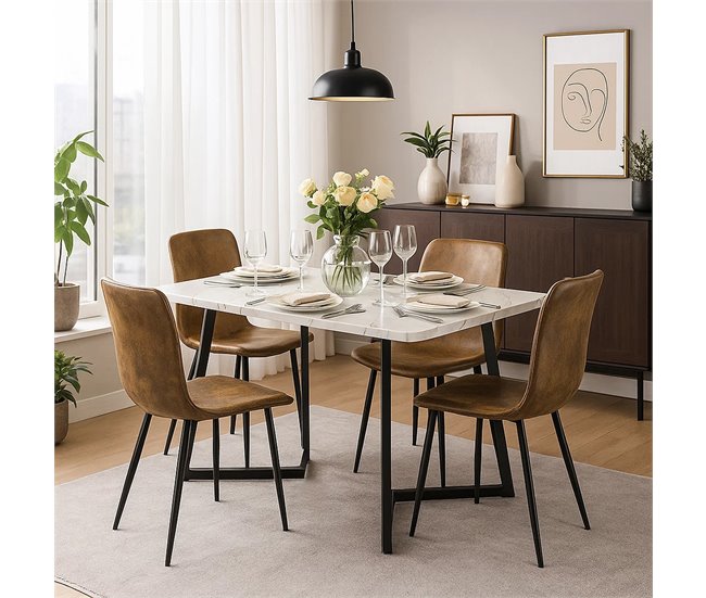 Conjunto mesa rectangular efecto mármol y 4 sillas vintage Blanco