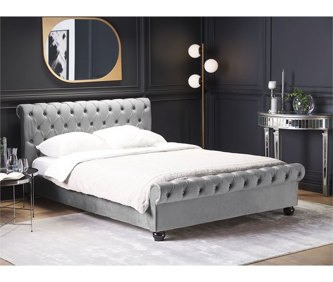 Beliani Cama con somier Terciopelo AVALLON 233x192 Gris Claro