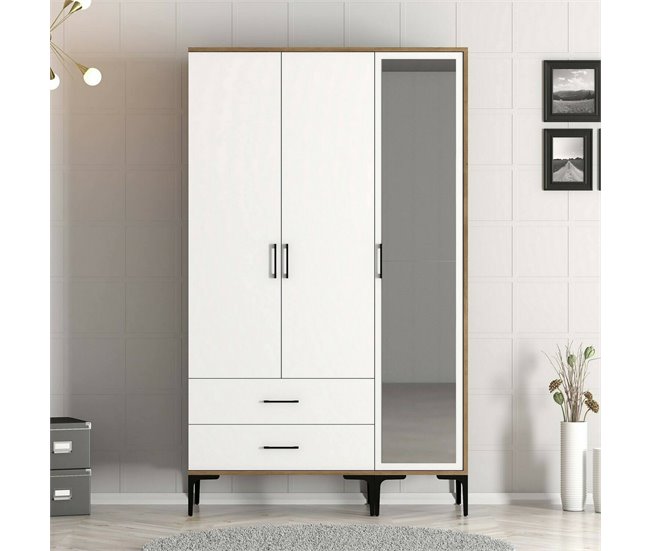 Armário de 3 portas com efeito madeira 120 Blanco/ Madera