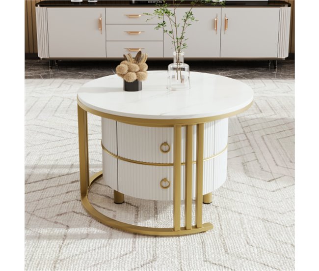 2 en 1, mesa de centro, mesa de salón, 2 cajones 70x70 Blanco