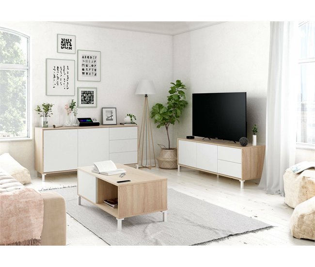 Mesa de café efecto madera 100x50 Blanco/ Madera
