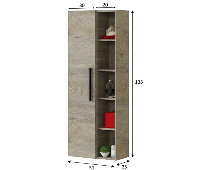 Armario baño Alise 1 puerta 5 huecos, Alaska, 135 cm Madera