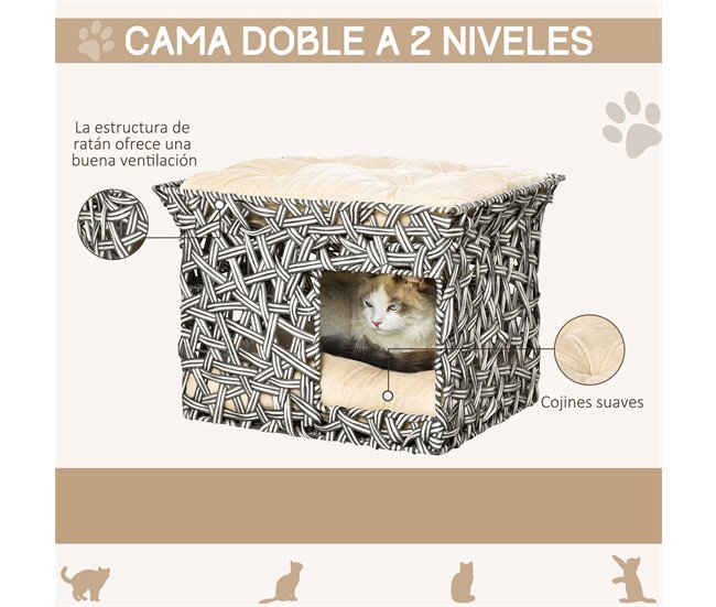 Cesta de Ratán para Gatos Metal, Ratán PE y Algodón PP PawHut Multicolor