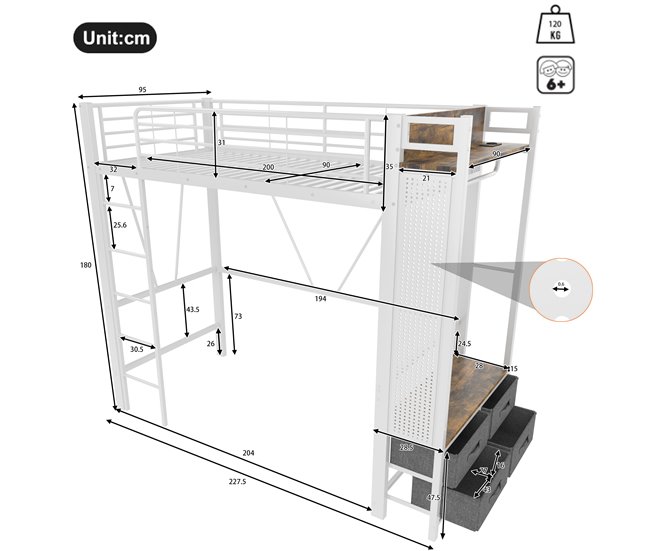 Cama alta para niños 95x227 Blanco