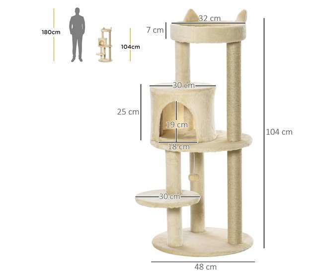 Árbol para Gatos Aglomerado de Madera, Felpa, Sisal PawHut Crema