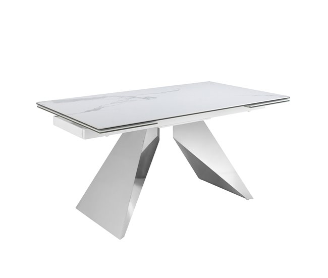 ANGEL CERDA Mesa comedor extensible rectangular mármol porcelánico y acero cromado 240x90 Blanco/ Gris