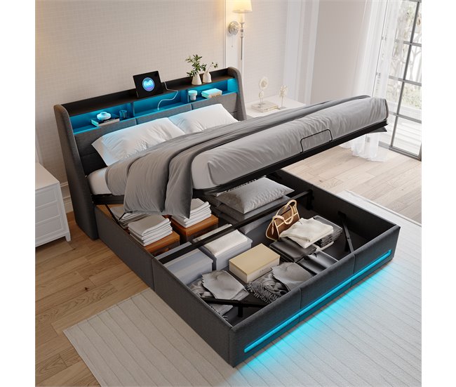 Cama doble, cama LED, USB 152x202 Gris